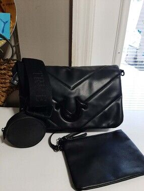 TRUE RELIGION Black Quilted Flap Bag 3 Pc Set